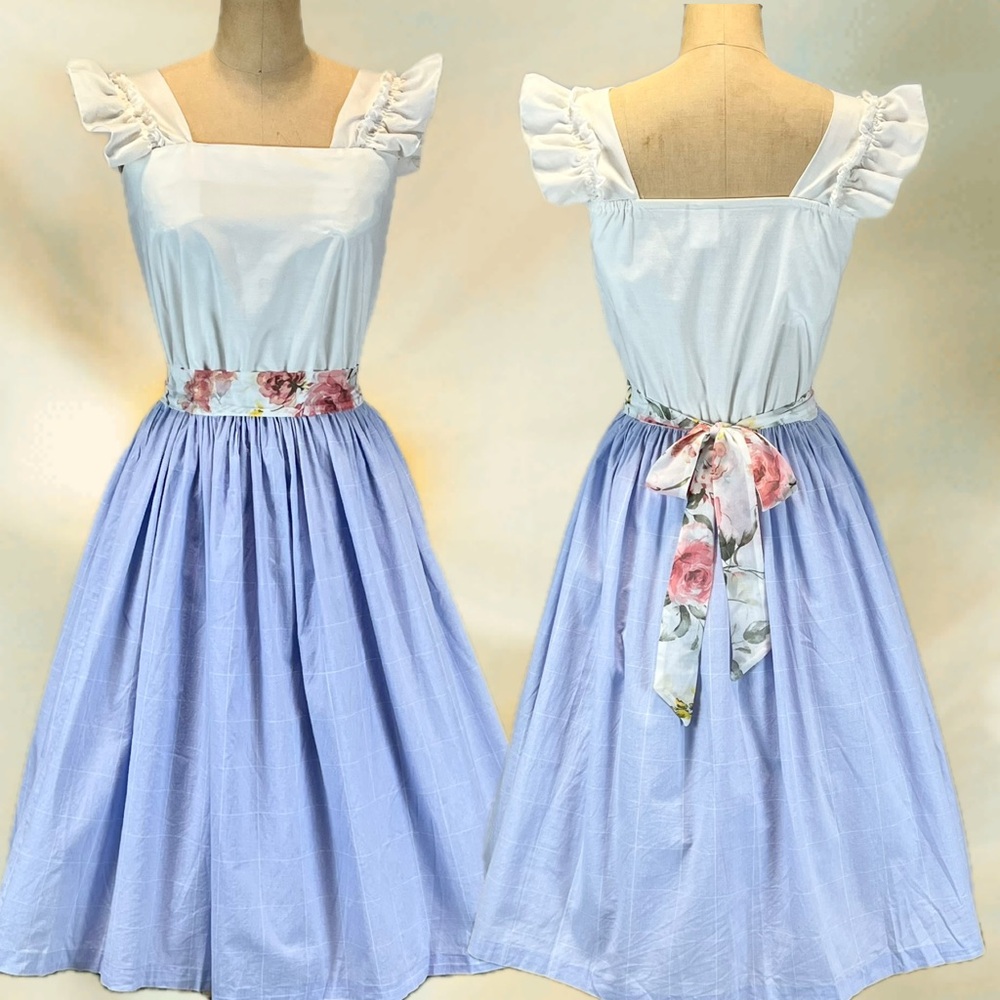 VINTAGE‎ 80s lavender garden party dress eyelet lace ruffle fit flare sleeveless